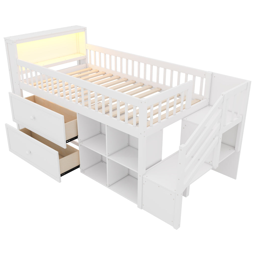Twin Size Loft Bed with LED and Bookshelf, Wood Low Loft Bed with Stairs, Kids Twin Loft Bed with Storage Drawers and Shelves,White (Expect Arrival Date 2025/1/20)