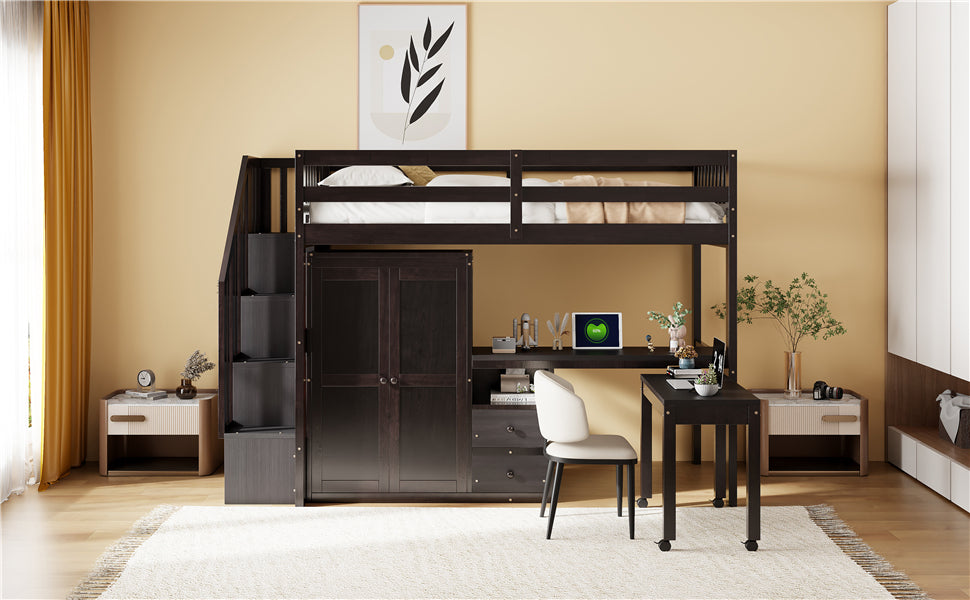 Twin Size Loft Bed with Stairs, Bookshelf, Drawers, Desk & Wardrobe – Space-Saving Multifunctional Furniture for Kids & Teens-Espresso