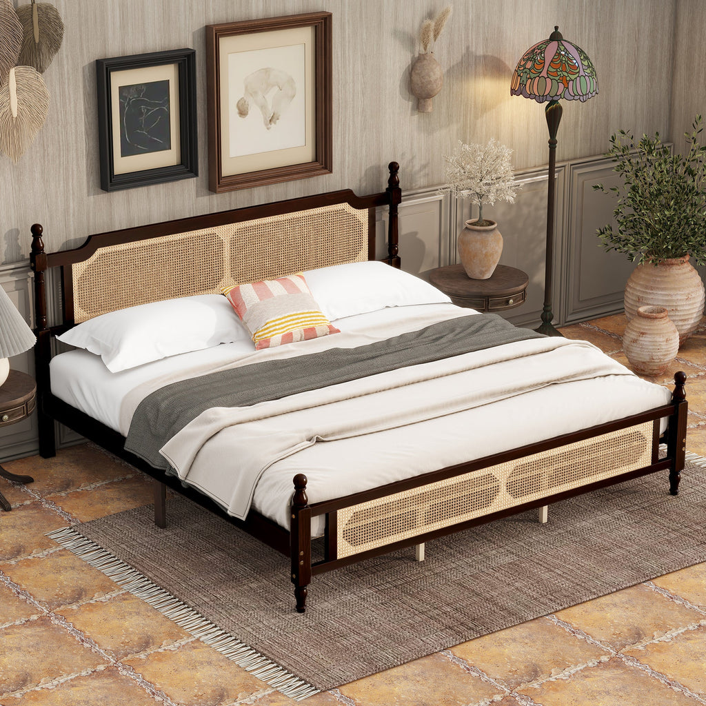 King Pine wooden Bed with Rattan Headboard  and Footboard, with  Central Enhanced Bed Platform ,Espresso
