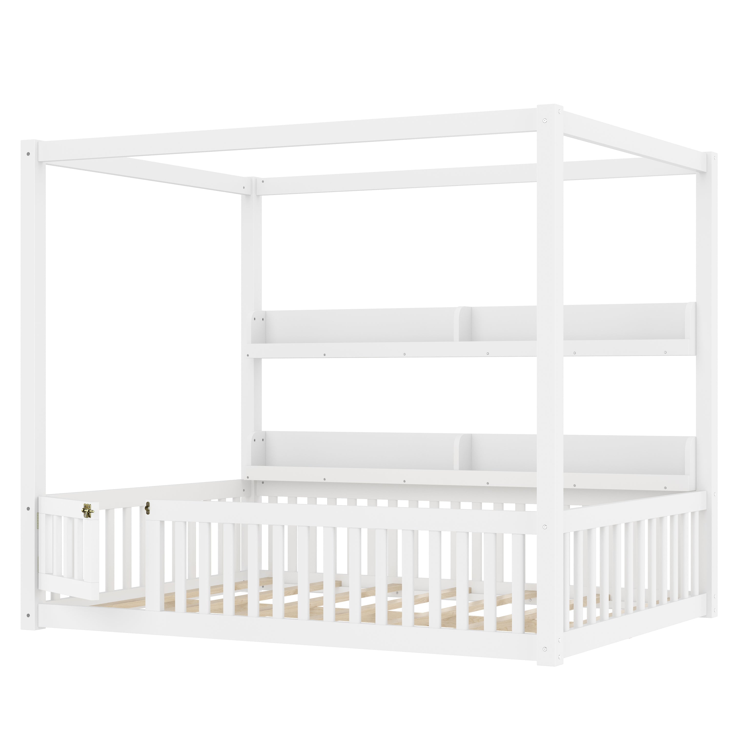 Full Size Canopy Bed with Guardrails, Solid Wood Floor Bed with Shelves, Montessori Floor Bed Frame for Kids, Boys, Girls, No Spring Box Needed, White