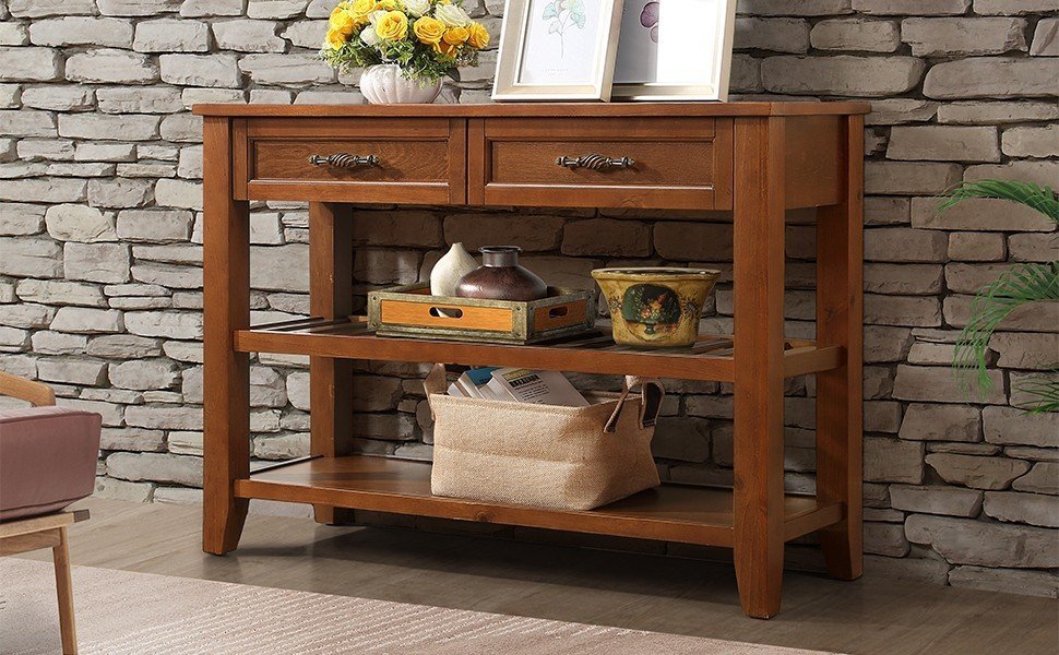 Console Sofa Table with 2 Storage Drawers and 2 Tiers Shelves, Mid-Century Style 42'' Solid Wood Buffet Sideboard for Living Room Furniture Kitchen Dining Room Entryway Hallway, Brown