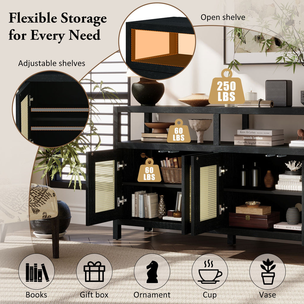 TREXM Bohemian Style Rattan Buffet Storage Cabinet with Solid Wood Frame, Sideboard with 3-position Adjustable Shelves for Living & Dining Rooms, No-Handle Push-to-Open Design (Black)