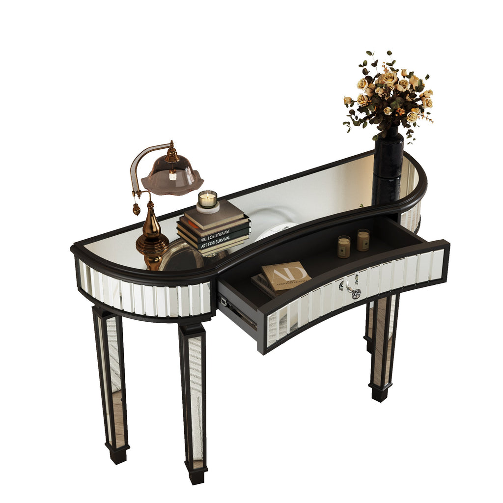 47' Half-Moon Mirrored Console Table with Fluted Glass & Crystal Knob Drawer - Silver Entryway Vanity Desk for Bedroom/Dressing Room(Black+Sliver)