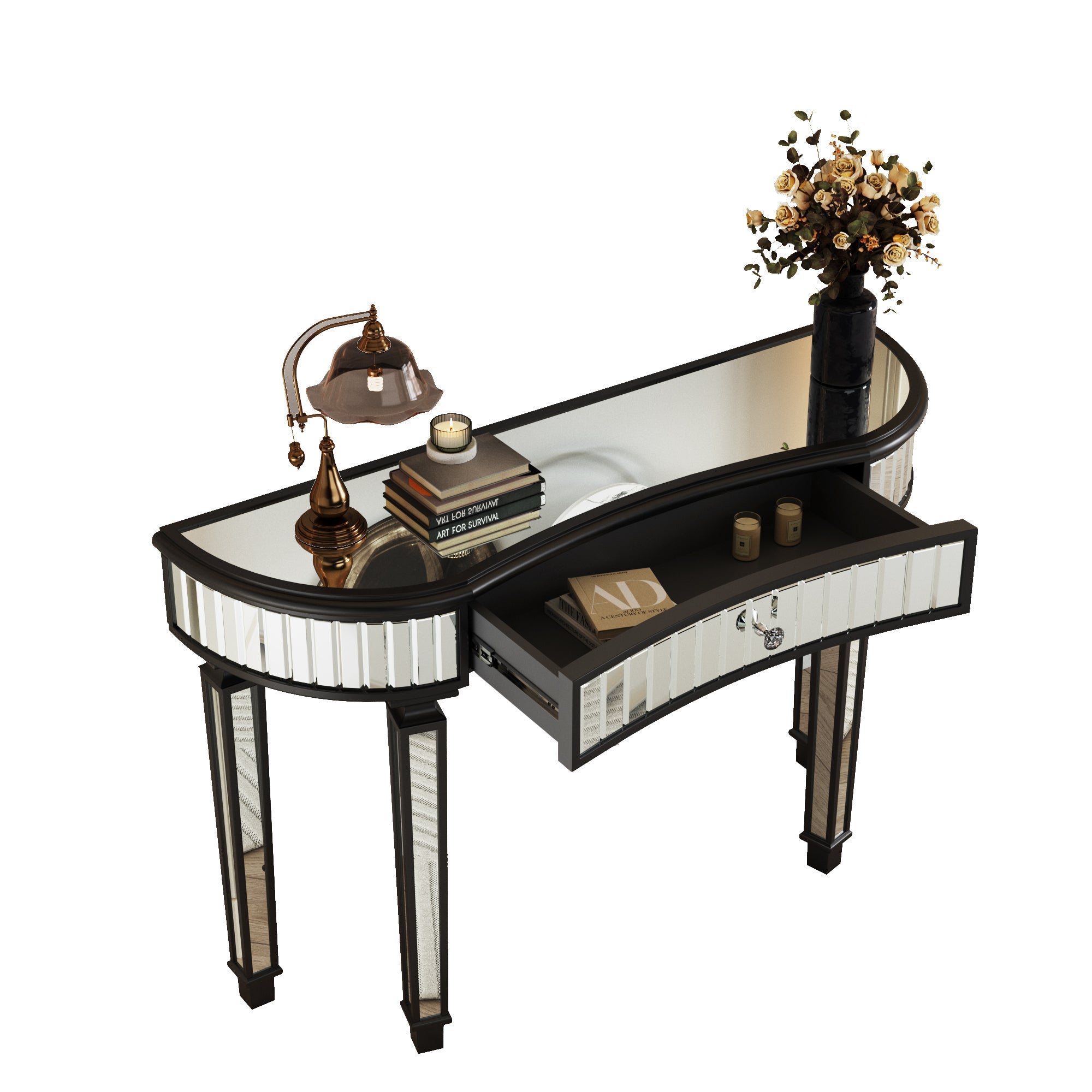 47' Half-Moon Mirrored Console Table with Fluted Glass & Crystal Knob Drawer - Silver Entryway Vanity Desk for Bedroom/Dressing Room(Black+Sliver)