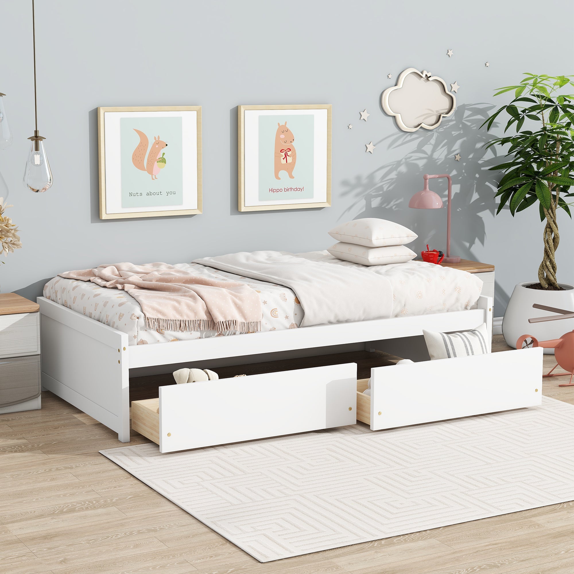 Twin Size Bed with 2 Drawers, Solid Rubber Wood Bed,White
