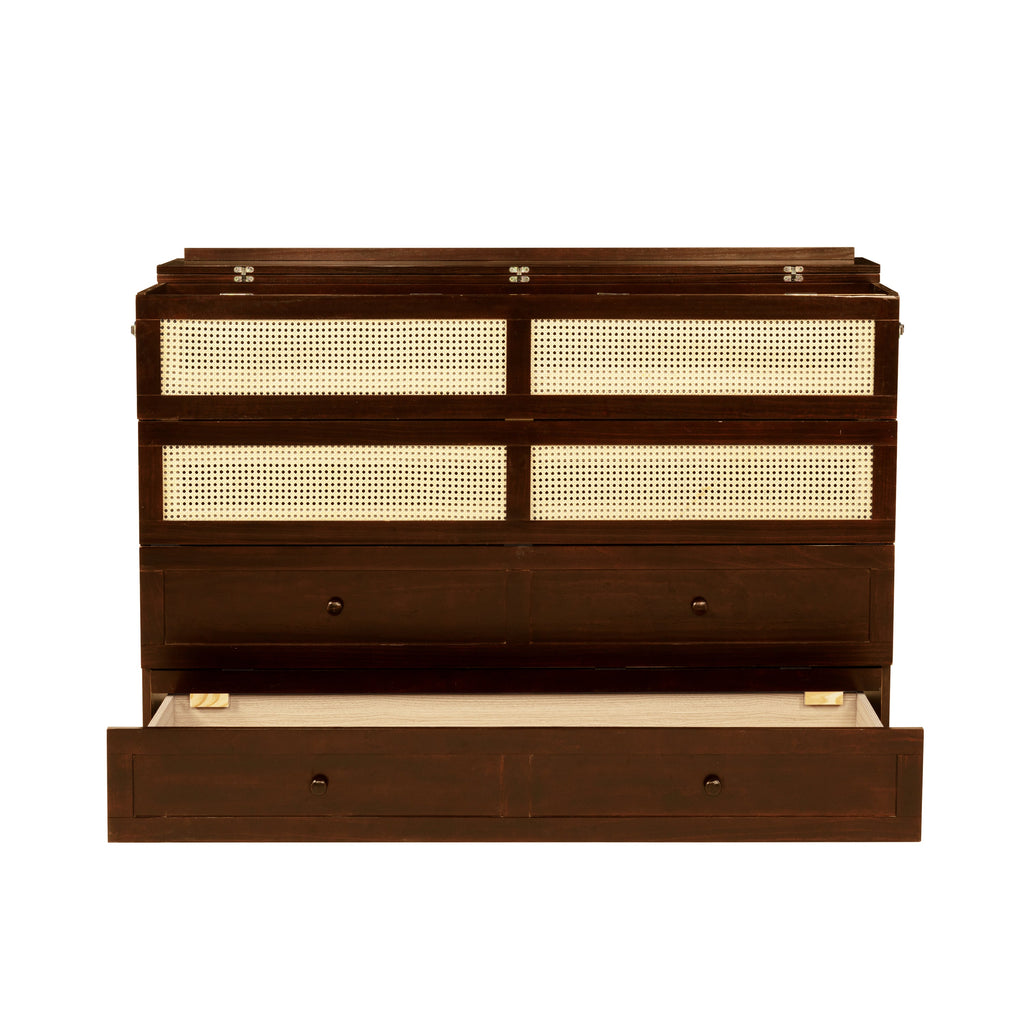 Queen Size Murphy Bed, Pine Wood Cabinet Bed with Rattan Decoration and Storage Drawer,Walnut