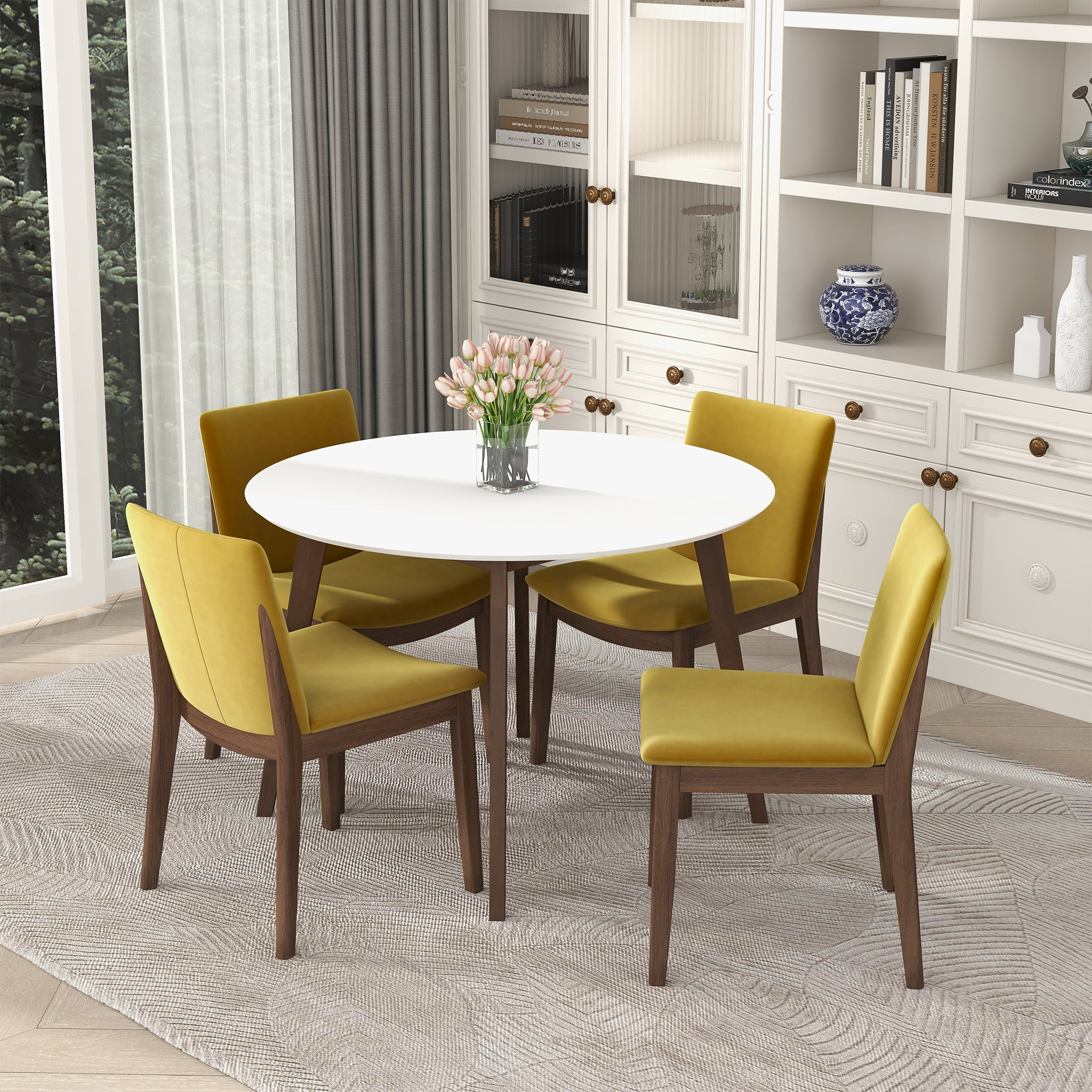 Alina Contemporary Dining Table with Smooth White Finish and Solid Wood Base 43' Diameter X 29.5' H Kitchen Dining Room Circle Dinner Pedestal Table