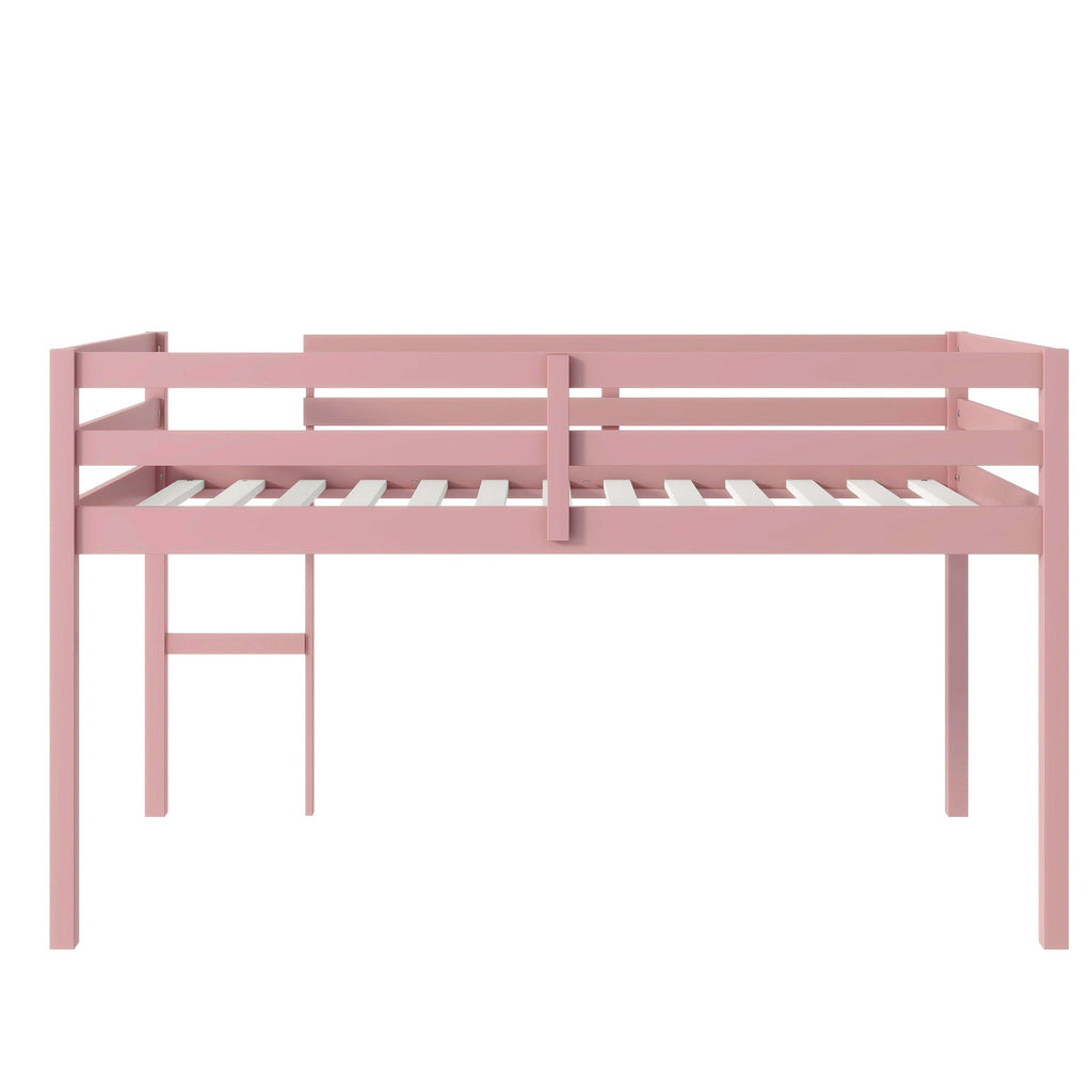 Solid Wooden, Rubber Wooden Twin Loft Bed with Ladder, Bed Platform of Strengthened Slats, Pink