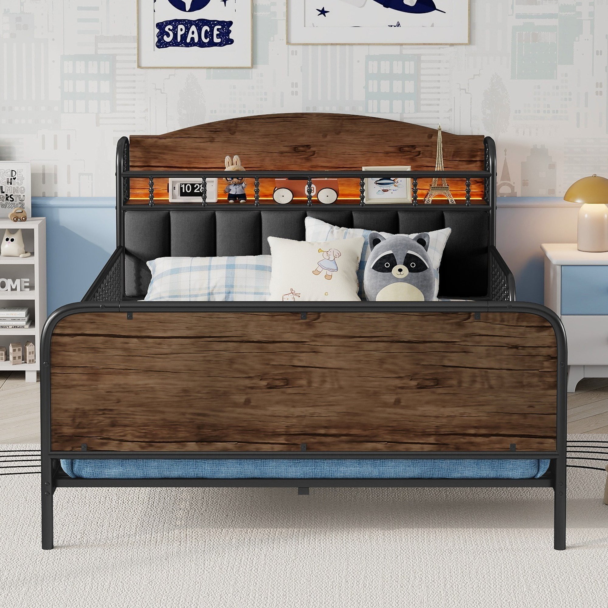 Full Size Metal Platform Bed Frame with Light, Kids Full Metal Bed with Upholstered and Storage Headboard, Black (Expect Arrival Date 2025/10/5)