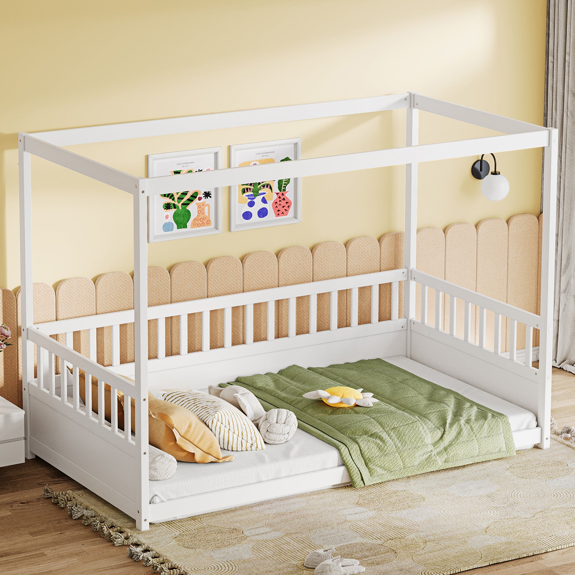 Twin Size Canopy Bed Frame with Guardrails for Kids,Floor Bed Twin with Four Poster Design,Kids Montessori Floor Bed,Wood Canopy Bed Frame for Girls,Boys(Twin,White)