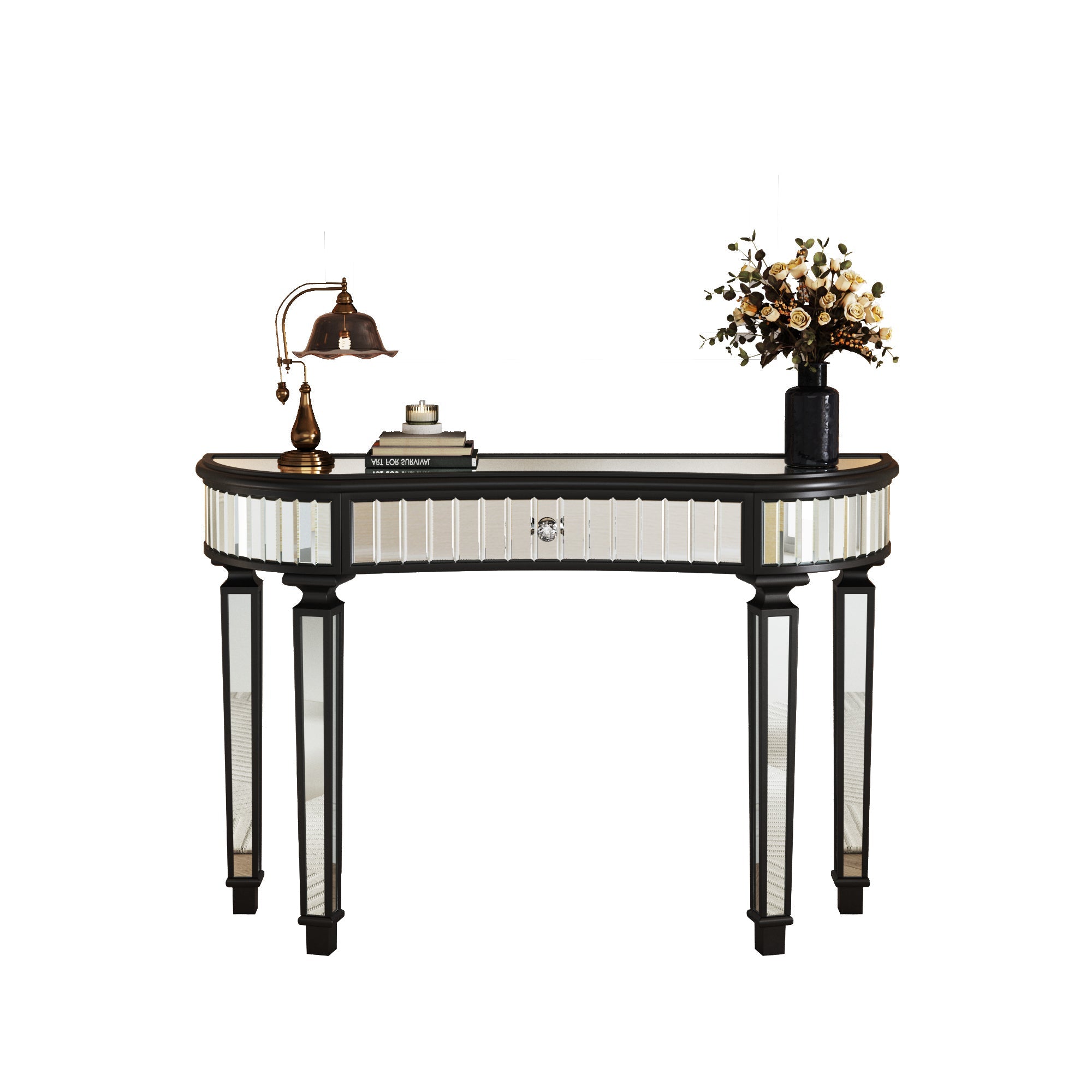 47' Half-Moon Mirrored Console Table with Fluted Glass & Crystal Knob Drawer - Silver Entryway Vanity Desk for Bedroom/Dressing Room(Black+Sliver)