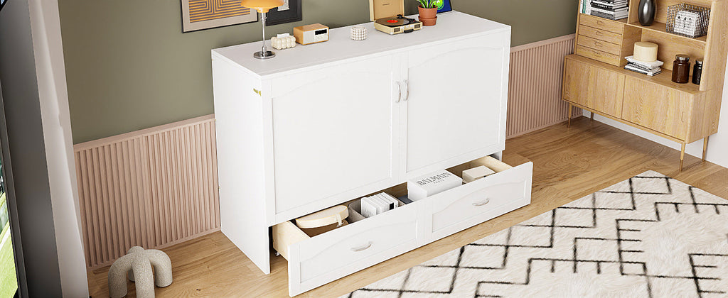 Queen Size Murphy Bed Wall Bed with drawer and a set of Sockets & USB Ports, Pulley Structure Design, White(OLD SKU: LP100671AAK)