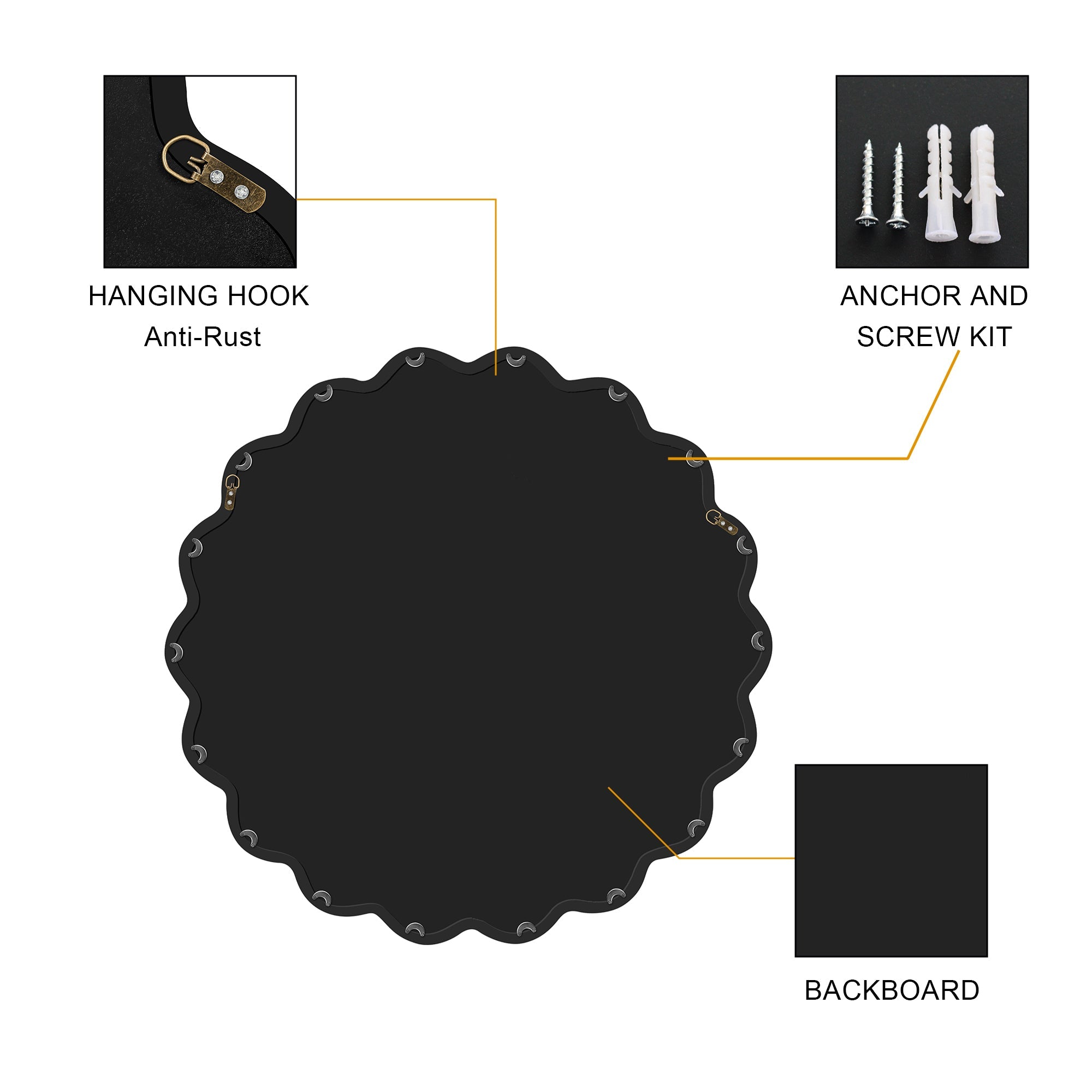 Solid Wood Wavy Mirror-Black Mirror Wall Decor 31" x 31" Modern Mirror Wall Decor for Bathroom, Bedroom, Living Room, Dining Room, Cloakroom, Entryway