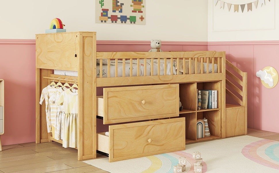Twin Size Loft Bed with LED and Bookshelf, Wood Low Loft Bed with Stairs, Kids Twin Loft Bed with Storage Drawers and Shelves, Natural (Expect Arrival Date 2025/1/20)