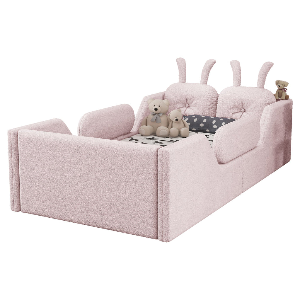Twin Size Upholstered Platform Bed with Rabbit Cushion, Kids Floor Upholstered Bed with Removable Side Rails, Pink(Expect Arrival Date 2025/1/15)