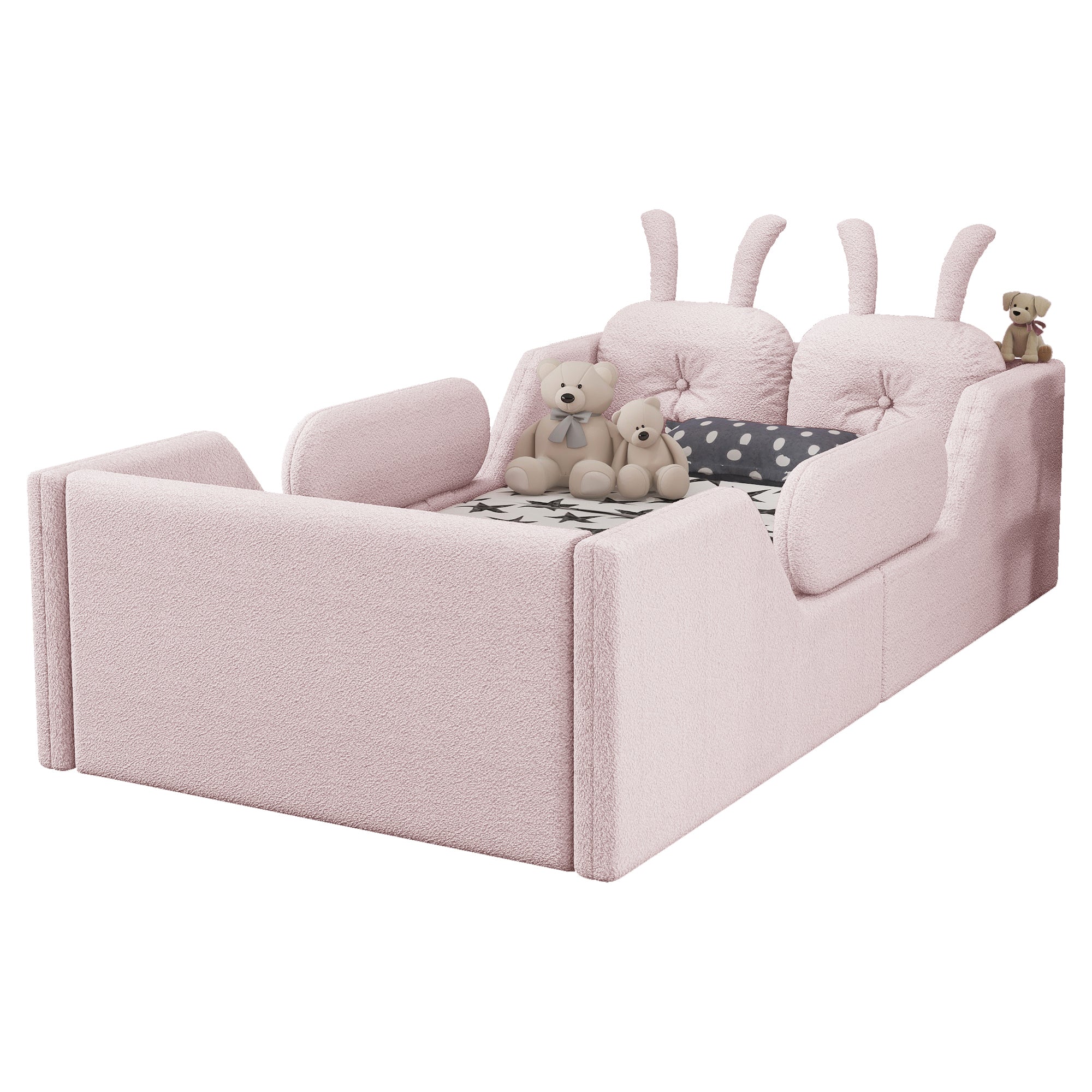 Twin Size Upholstered Platform Bed with Rabbit Cushion, Kids Floor Upholstered Bed with Removable Side Rails, Pink(Expect Arrival Date 2025/1/15)