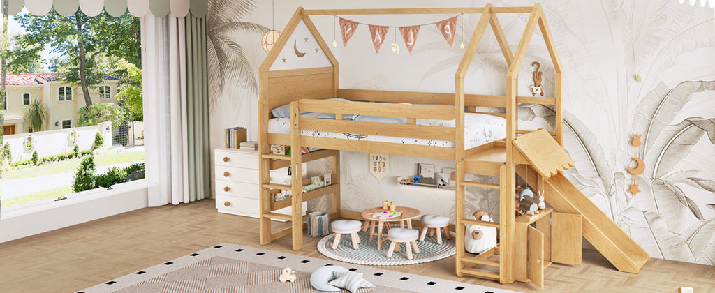 Twin Size Loft Bed with Bookshelf Playful Design for Kids House-Shaped Structure with Slide High-Quality Safety Rails,Natural