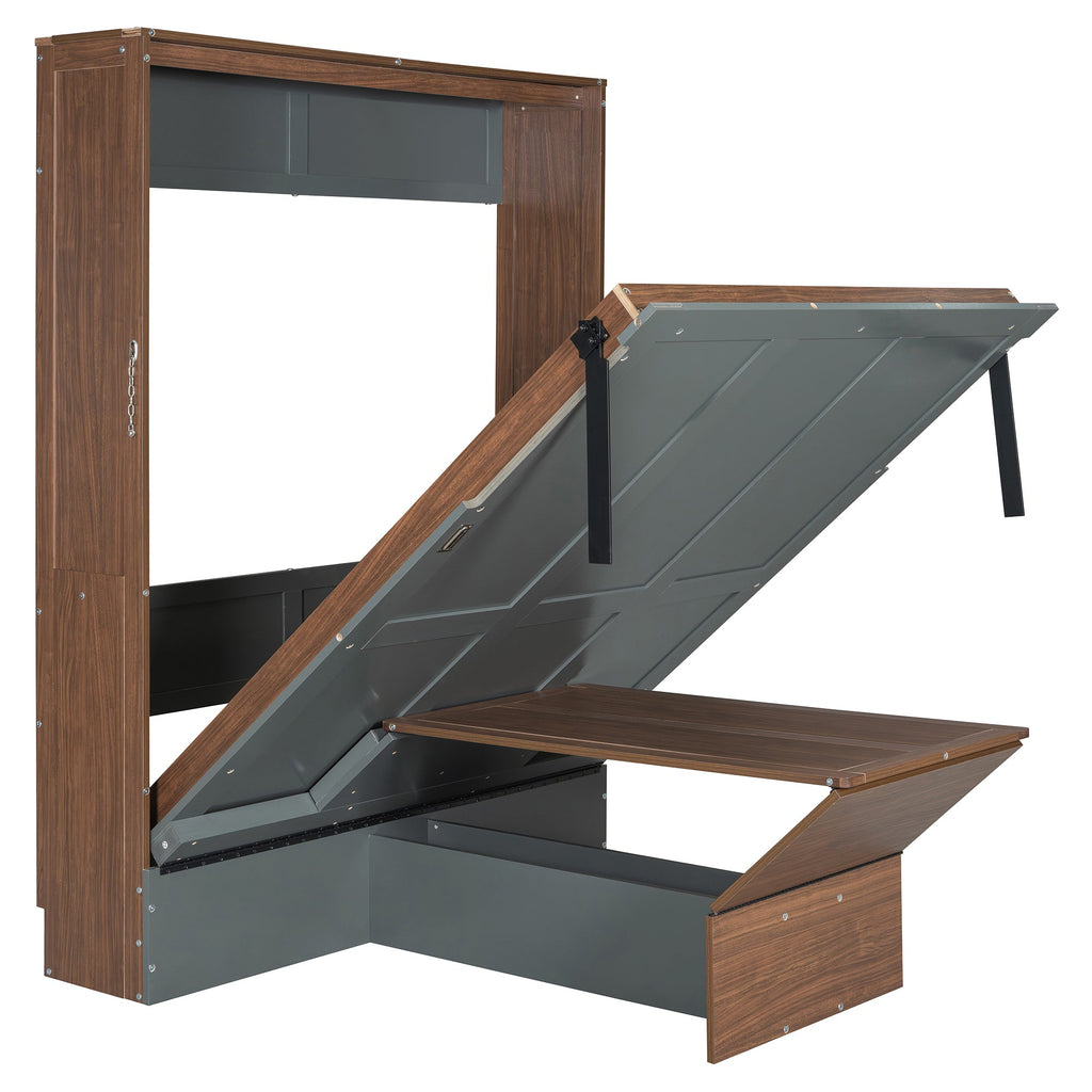 Full Size Murphy Bed with Foldable Desk – Space Saving Wall Bed - Walnut & Gray