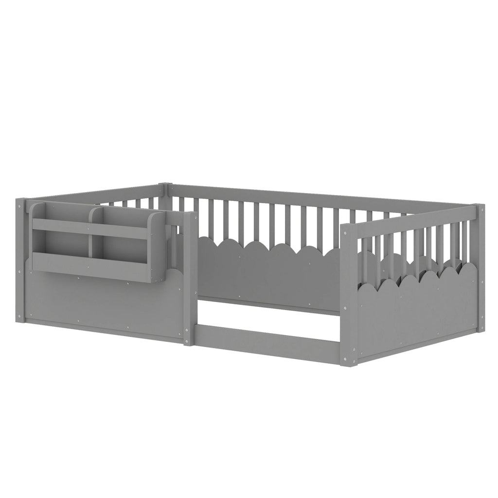 Twin Floor bed with Heightened Fence and bookshelf ,Wood Floor Bed for Kids, Gray.