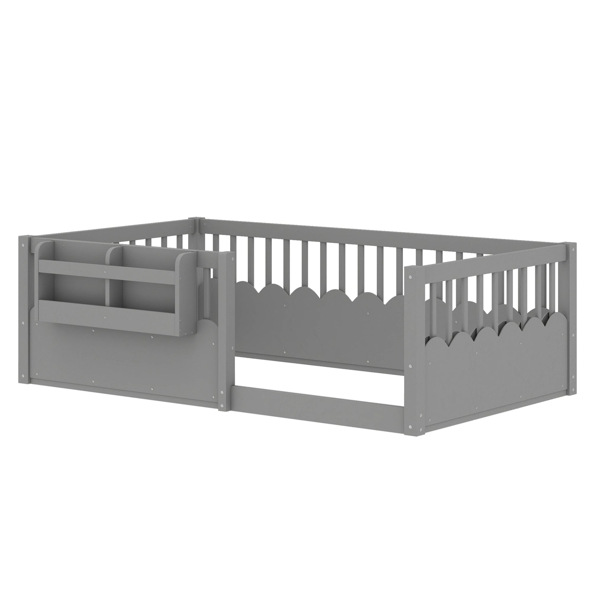 Twin Floor bed with Heightened Fence and bookshelf ,Wood Floor Bed for Kids, Gray.