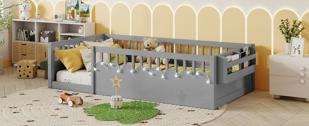 Twin Montessori Floor Bed Frame with High Rails, Wood Kids Floor Beds with Light and Storage Shelf, Gray (Expect Arrival Date 2025/8/15)