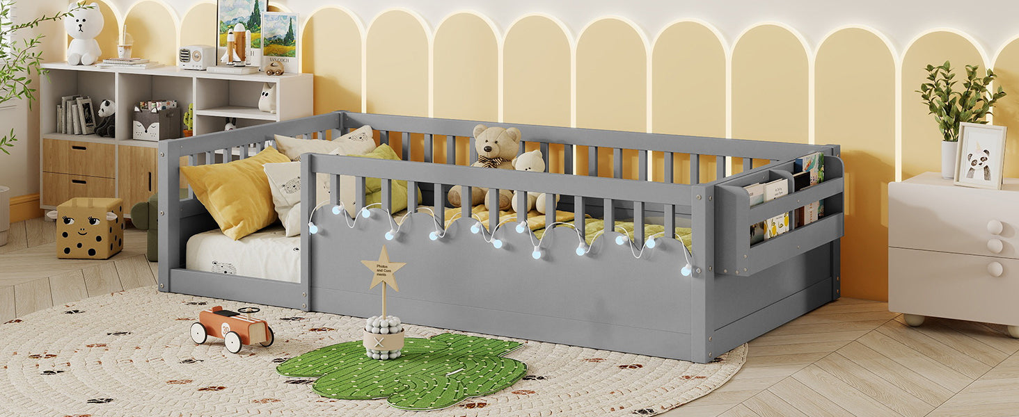 Twin Montessori Floor Bed Frame with High Rails, Wood Kids Floor Beds with Light and Storage Shelf, Gray (Expect Arrival Date 2025/8/15)