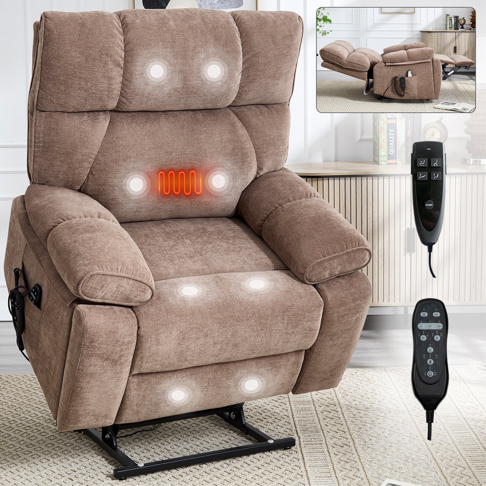 Brown Heat Massage Dual Motor Infinite Position Up to 350 LBS Large Electric Power Lift Recliners with Hidden Cup Holders, Power-Remote, Medium-firm and Heavy Duty