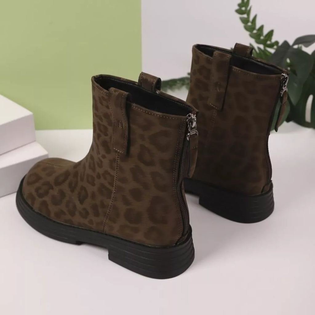 Leopard Round Toe Block Heels Boots