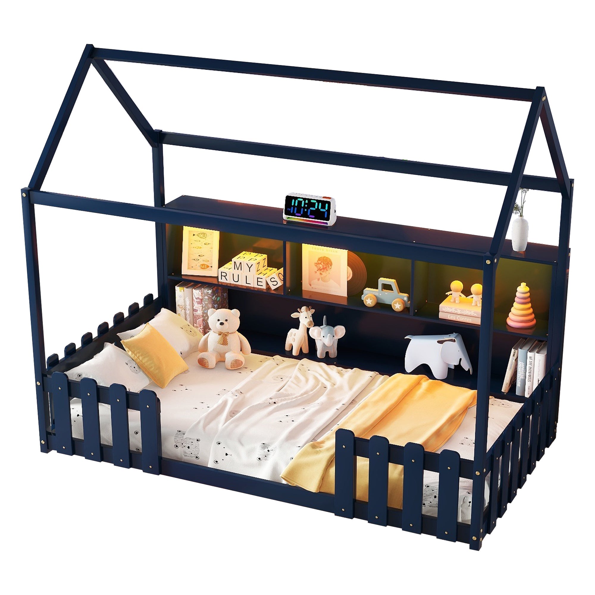Twin Size House Bed with LED Light, Wood House Bed with Storage Bookshelf, Floor House Bed with Guardrails for Kids, Navy Blue (Expect Arrival Date 2025/3/14)