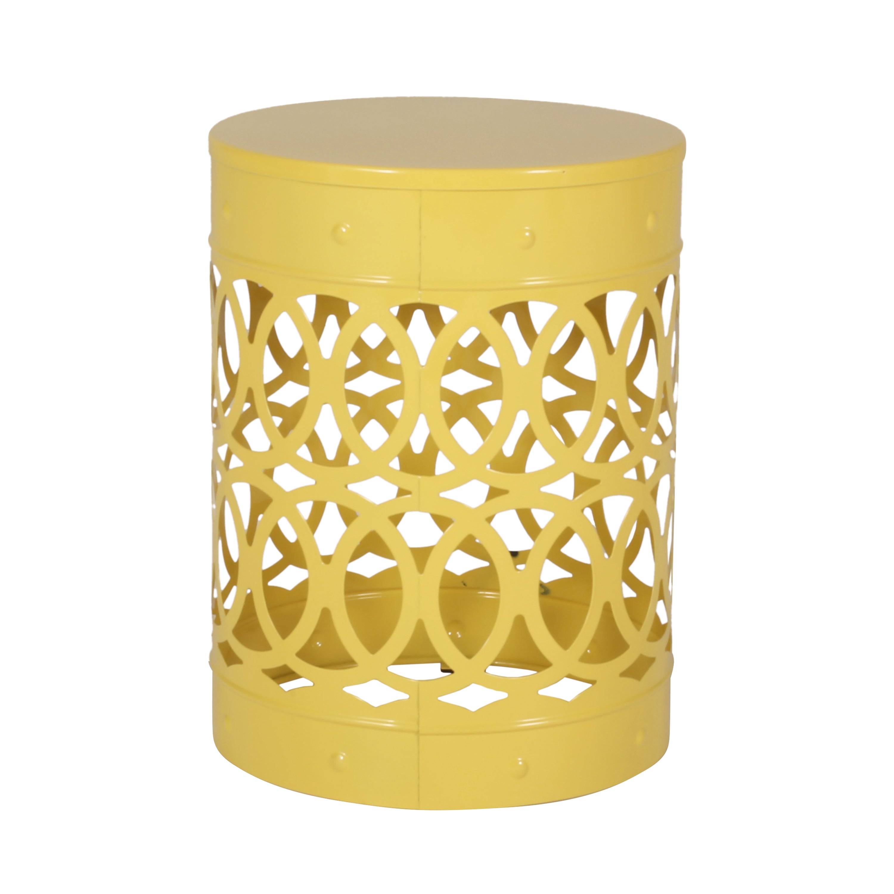 Modern Outdoor Metal End Table Set of 2 with Iron Cut Design in Yellow