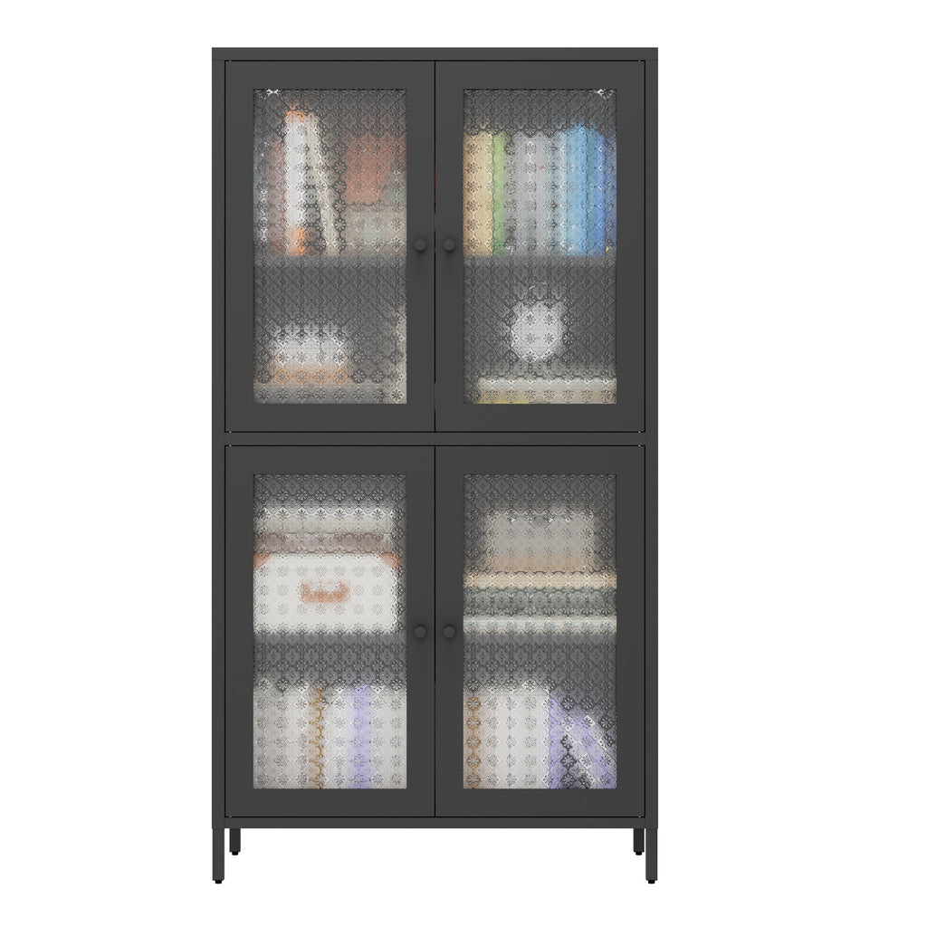 Classic Metal Storage Cabinet Display Cabinet with 4 Glass Doors 4 Shelves Cabinet Freestanding Bookcase Side Cabinet for Home Office Living Room Kitchen Hallway - Black, Begonia Flower Tempered Glass