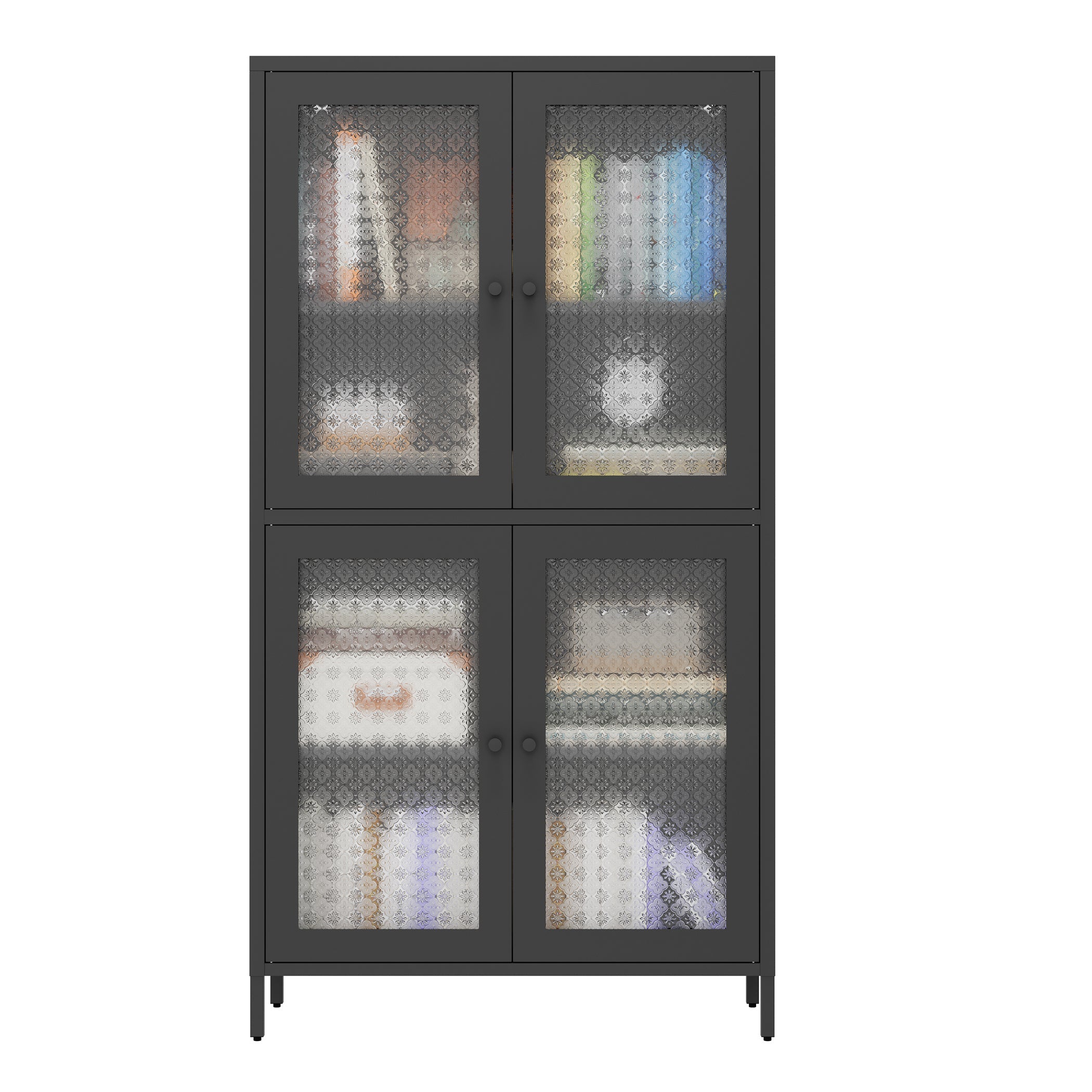 Classic Metal Storage Cabinet Display Cabinet with 4 Glass Doors 4 Shelves Cabinet Freestanding Bookcase Side Cabinet for Home Office Living Room Kitchen Hallway - Black, Begonia Flower Tempered Glass