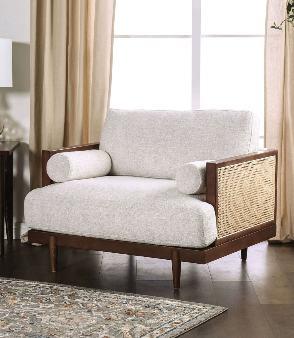 Beige And Walnut Finish Beautiful Chair Tapered Legs Loose Pillow Back Ash Wood Trim Side Bolster Pillows Mid-Century Modern