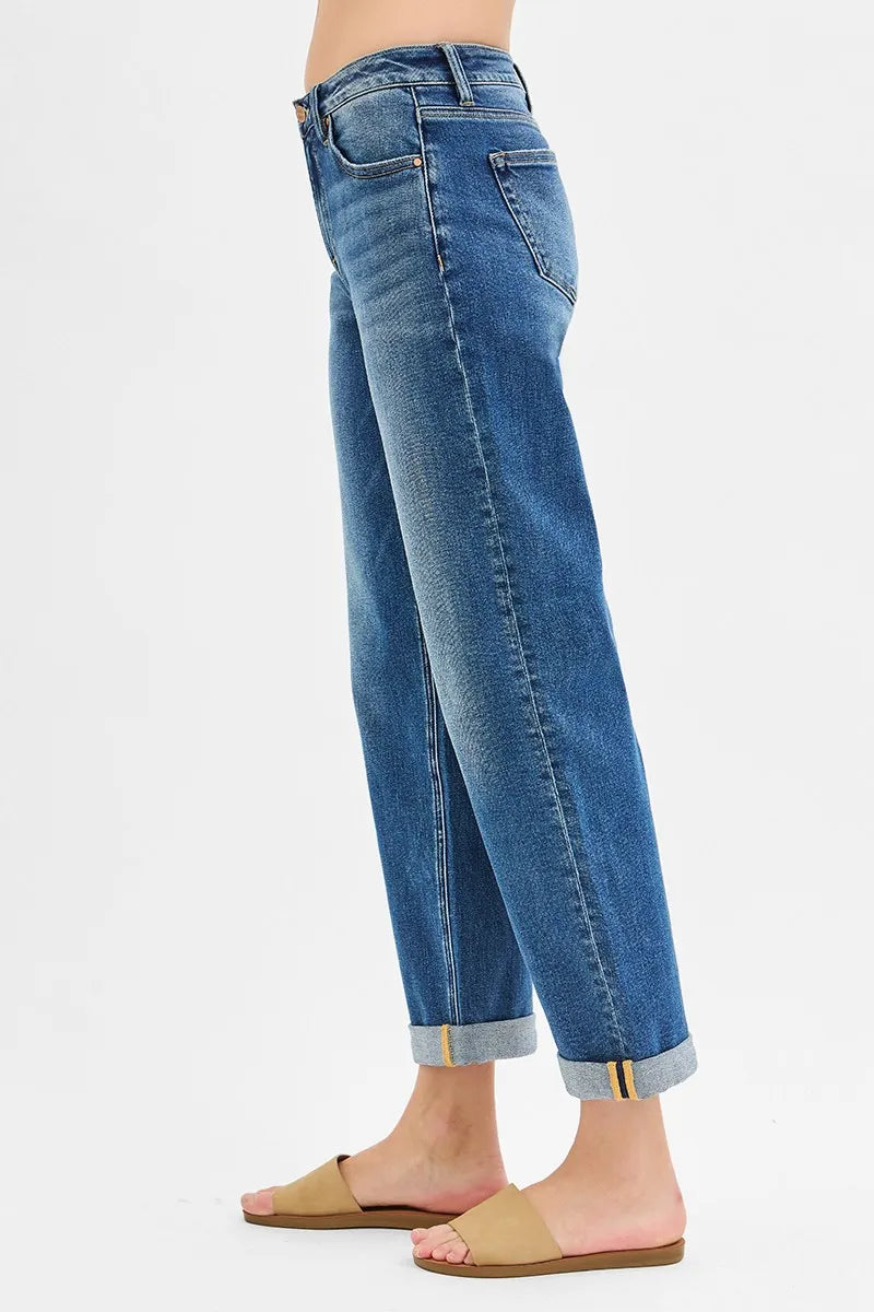 RISEN Full Size Mid Rise Boyfriend Roll Up Jeans Plus Size