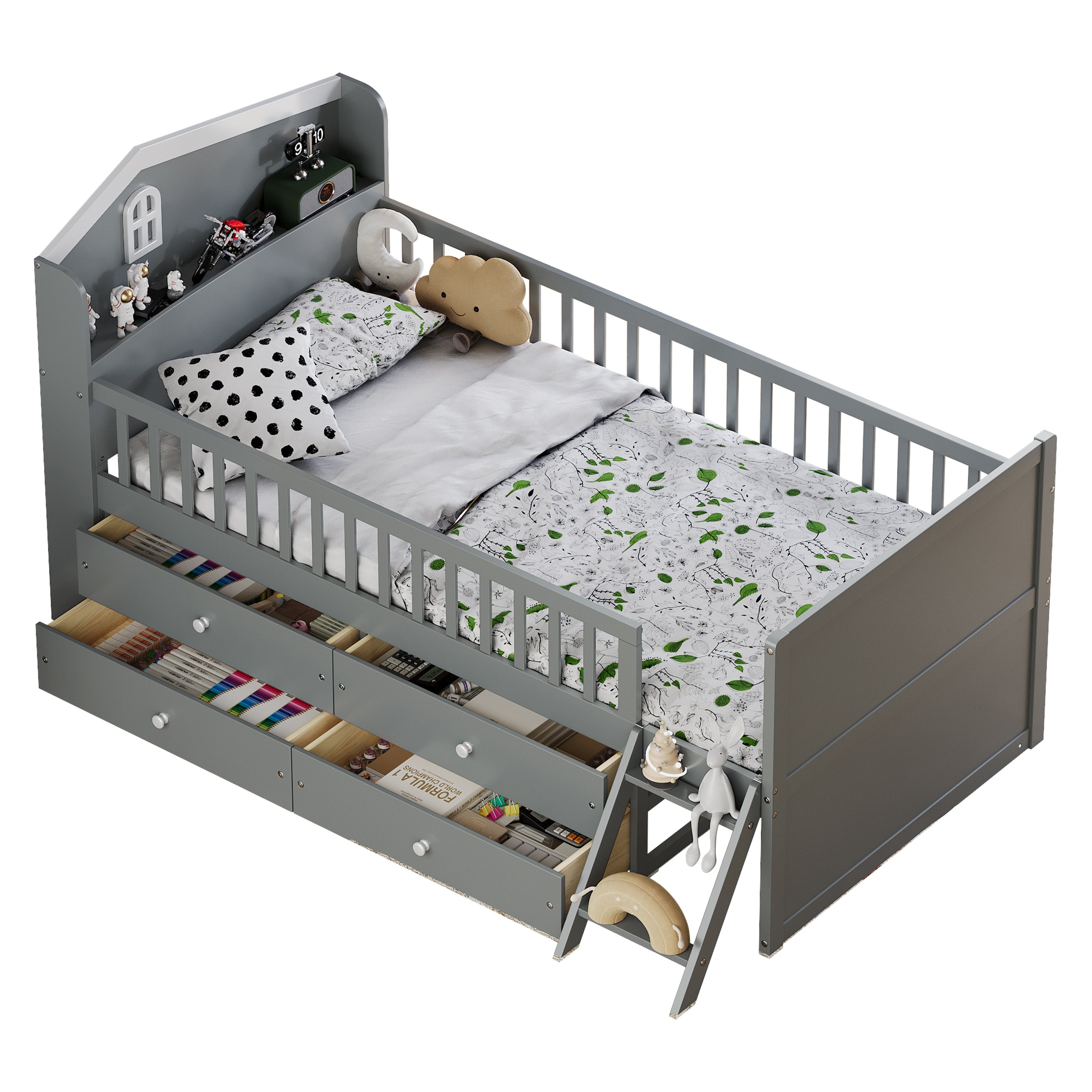 Twin Bed Frame with Storage 4 Drawers,Wooden Bed Frame for Kids,Platform Twin Size Bed with Guardrail Headboard and Ladder, No Box Spring Needed, Easy Assembly, Gray