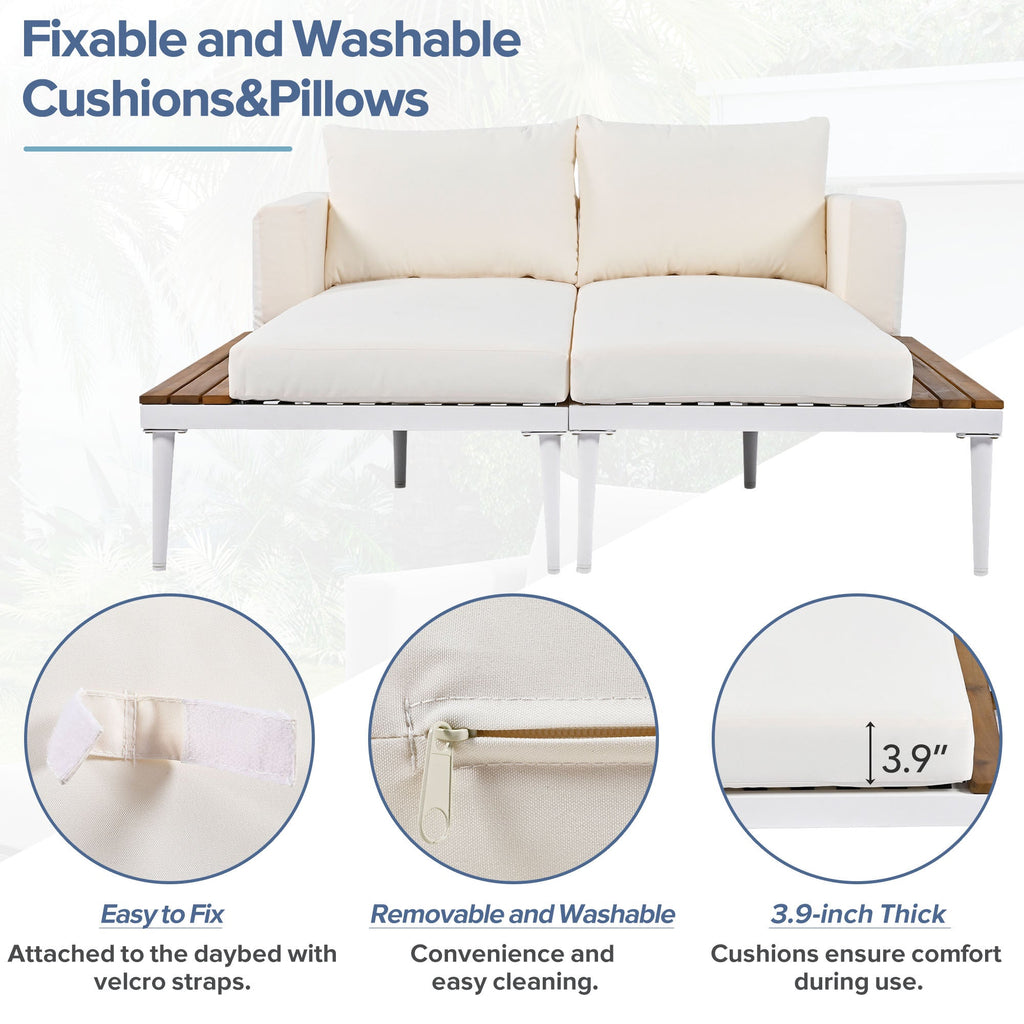 TOPMAX Modern Outdoor Daybed Patio Metal Daybed with Wood Topped Side Spaces for Drinks, 2 in 1 Padded Chaise Lounges for Poolside, Balcony, Deck, Beige
