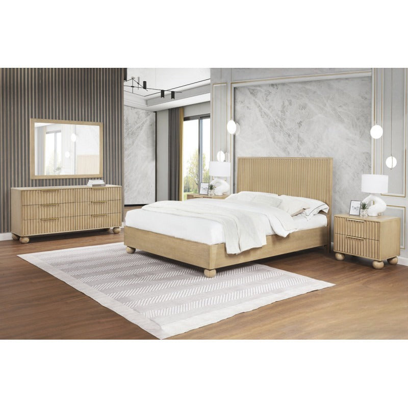 Modern Light Oak Wood 5pc Bedroom Furniture Set, California King size Platform Bed, Dresser Mirror and 2x Nightstand