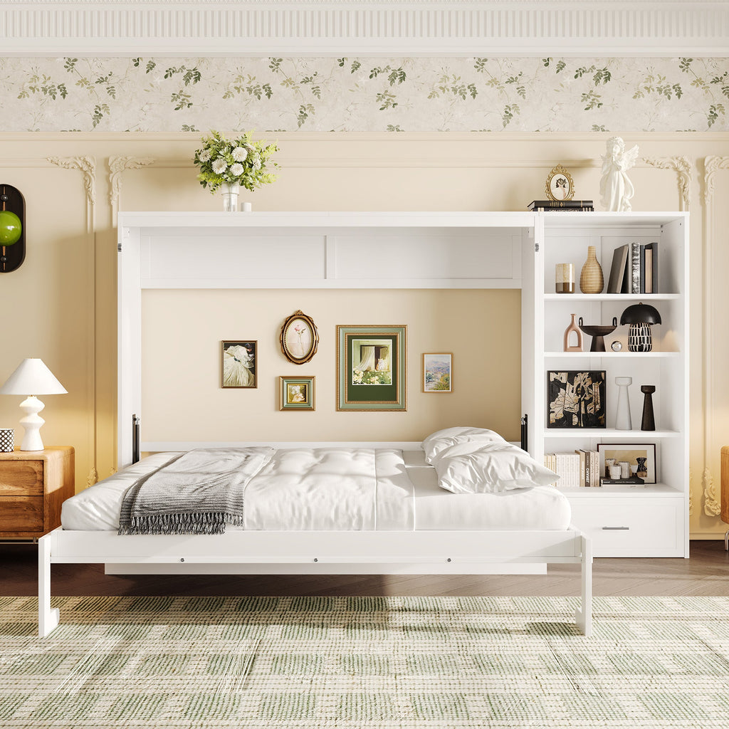 Queen Size Murphy Bed with Height Adjustable Storage Compartments and Shelf, Wall Bed Frame With 1 Drawer, Multifunctional Foldable Platform Bed for Small Space,Bedroom,Guest Room, White