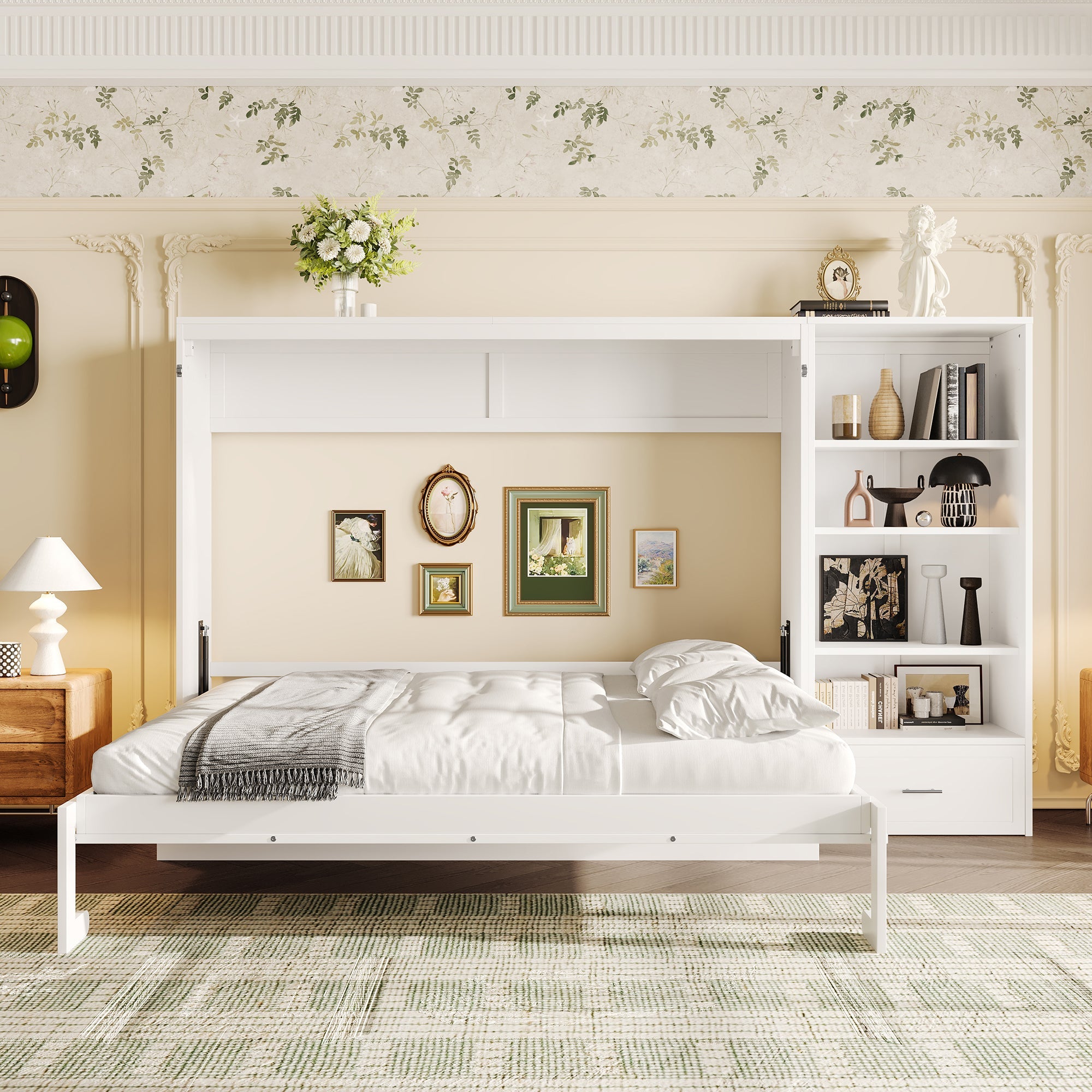 Queen Size Murphy Bed with Height Adjustable Storage Compartments and Shelf, Wall Bed Frame With 1 Drawer, Multifunctional Foldable Platform Bed for Small Space,Bedroom,Guest Room, White
