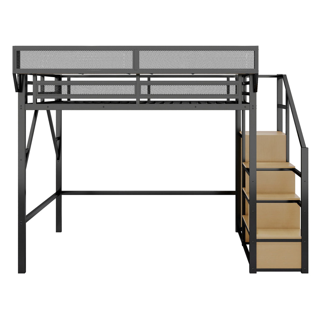 Queen Size Loft Bed with Stairs, Metal Queen Loft Bed with Storage Shelves, High Loft Bed with Wardrobe for Kids Teens Adults, Black(Old SKU W2580S00026 ) Patent Products