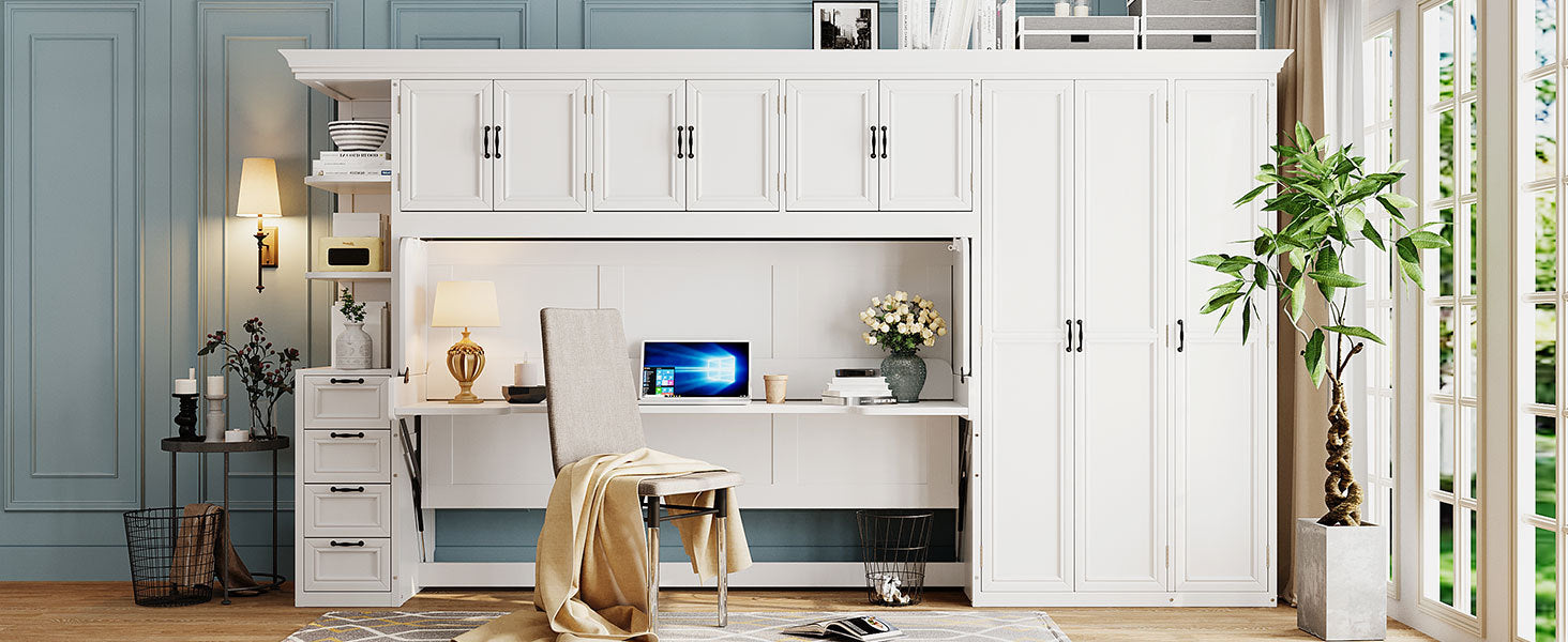 Twin Size Murphy Bed Wall Bed with Wardrobe, Cabinet and Desk, White