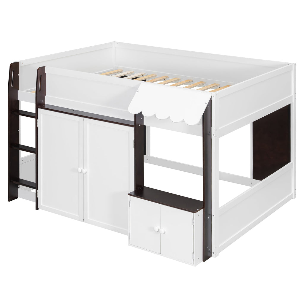 Full Loft House Bed with Playhouse & Storage, Modern Wood Cabin Bed for Kids/Teens, White+Espresso