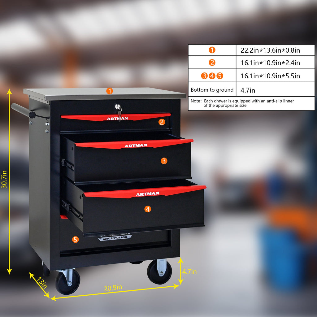 4-Drawer Multifunctional Tool Cart with Wheels, Metal Rolling Tool Cart Storage for Garage Workshop Warehouse Repair Shop - with Stainless Steel Roof - Black & Red