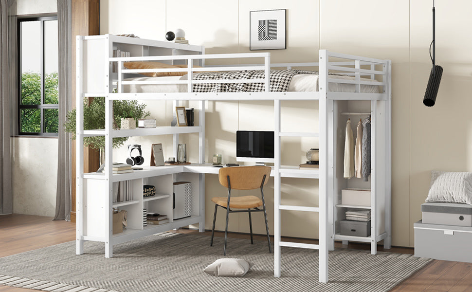 Metal Loft Bed with Wardrobe And L-shaped Desk, Queen Size Loft Bed with Storage Cubes and Shelves, Heavy Duty Loft Bed for Kids Teens Adults, White