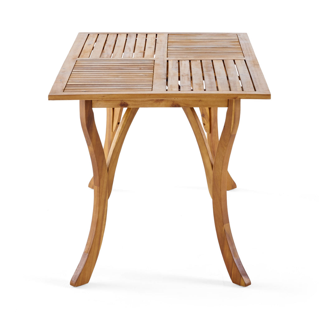 Outdoor Rectangular Table with Curved Legs and Perpendicular Wooden Slats Table Top, Teak
