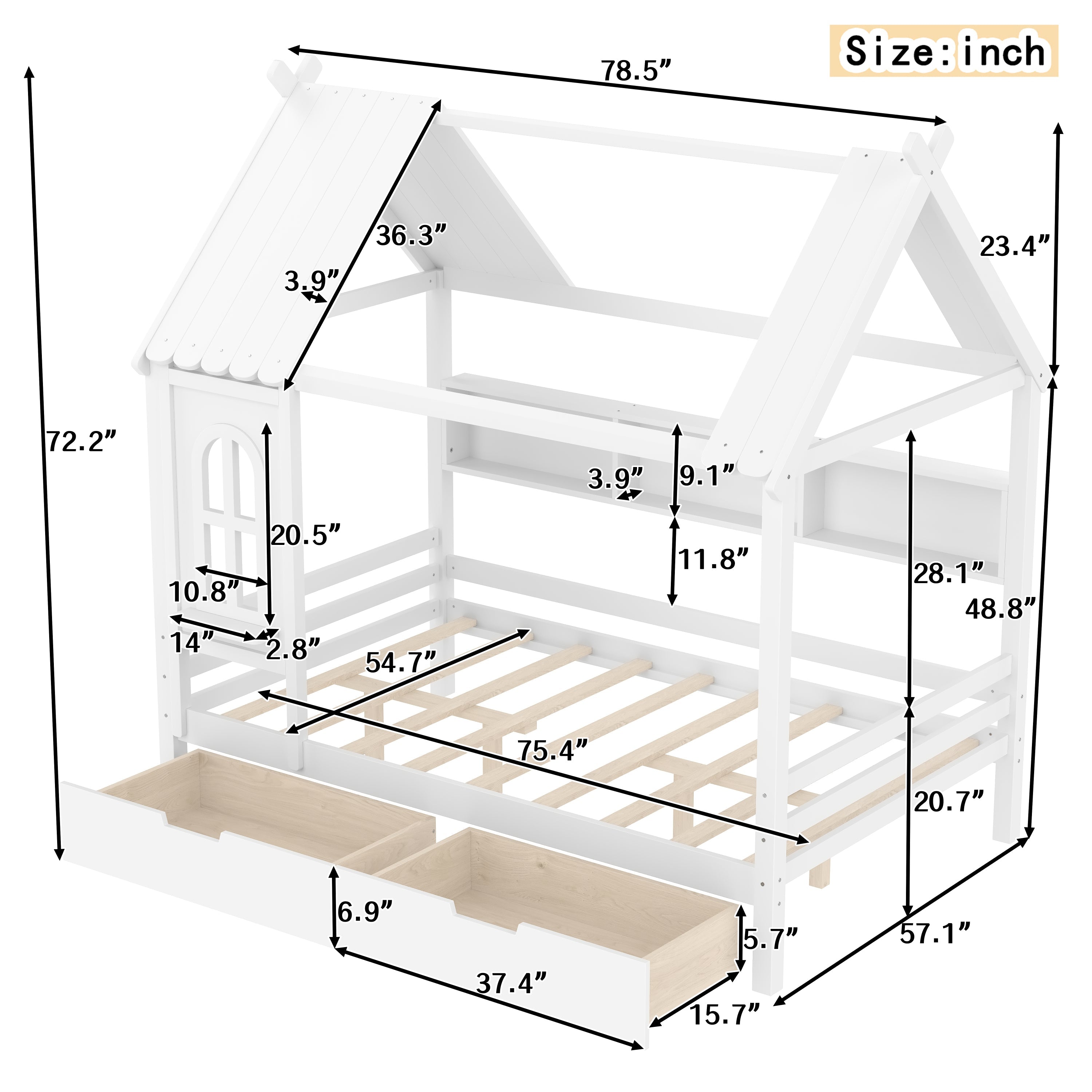 Full house Beds with Storage Drawers and Window, Solid Wood House Platform Bed Frame with shelves, for Kids, Girls, Boys, No Spring Box Needed and Childlike Design, White