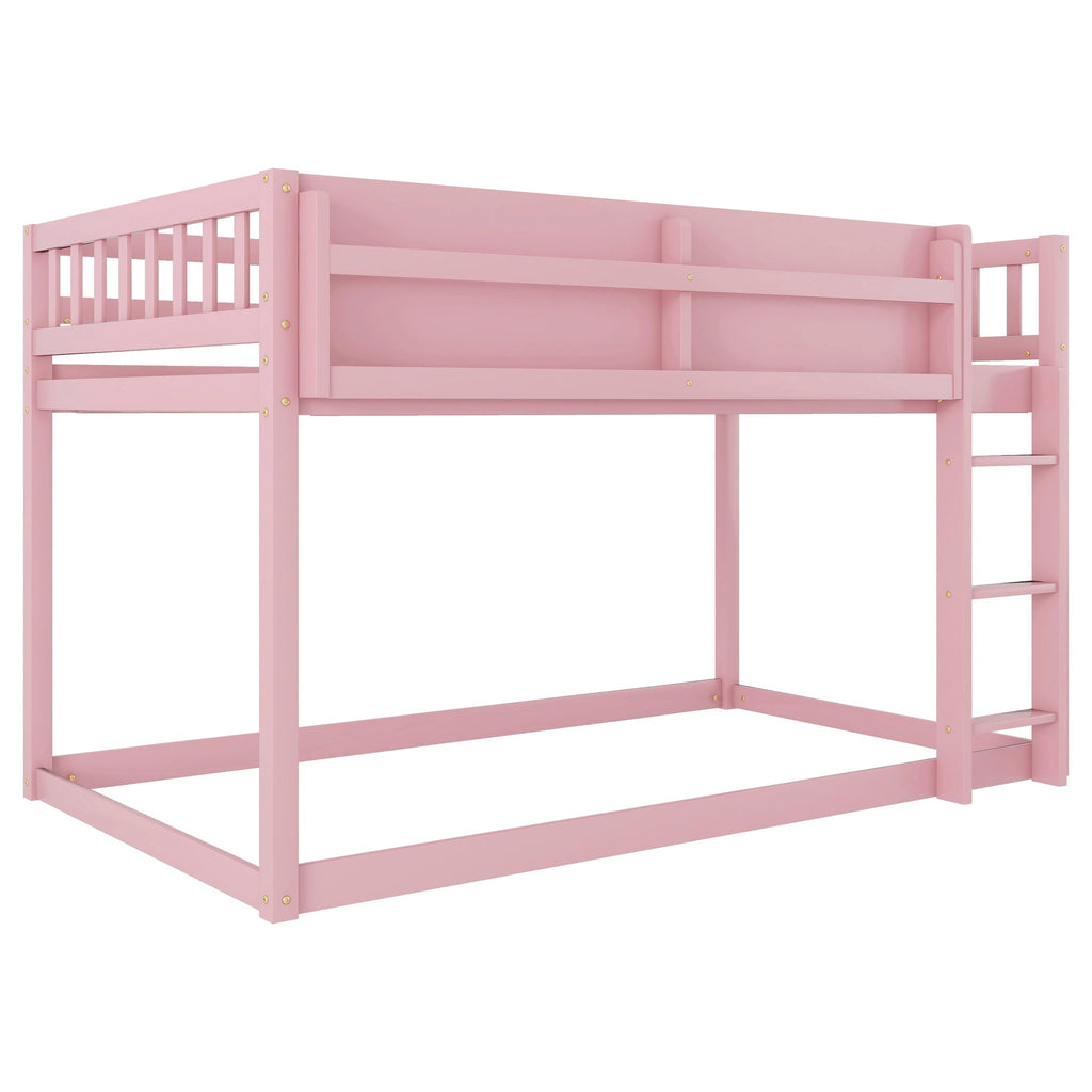 Low Twin Over Twin Bunk Bed, Floor Bunk Bed with Ladder, Solid Wood Twin Bunk Bed for Kids & Juniors, Pink(Expect Arrival Date 2025/11/25)