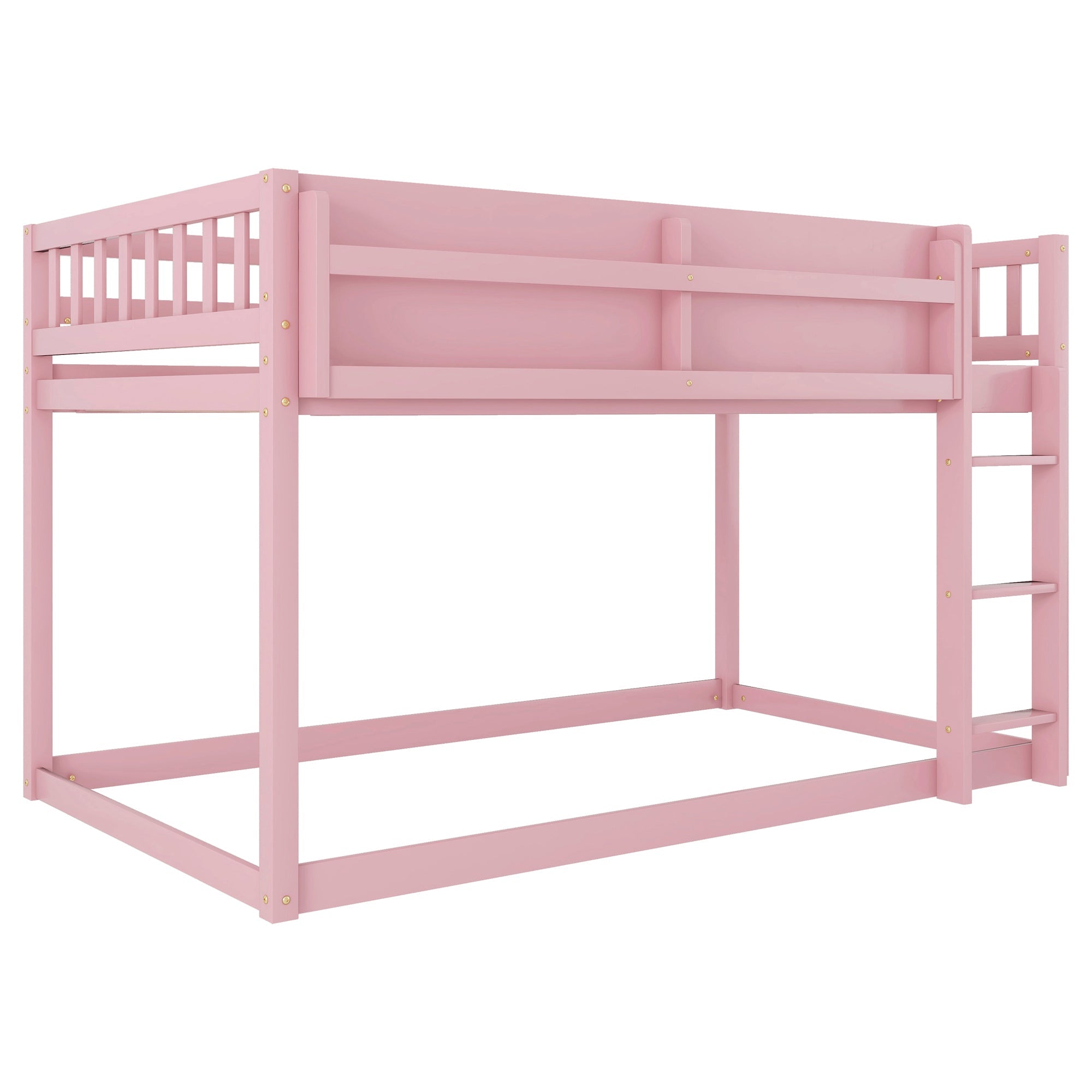 Low Twin Over Twin Bunk Bed, Floor Bunk Bed with Ladder, Solid Wood Twin Bunk Bed for Kids & Juniors, Pink(Expect Arrival Date 2025/11/25)