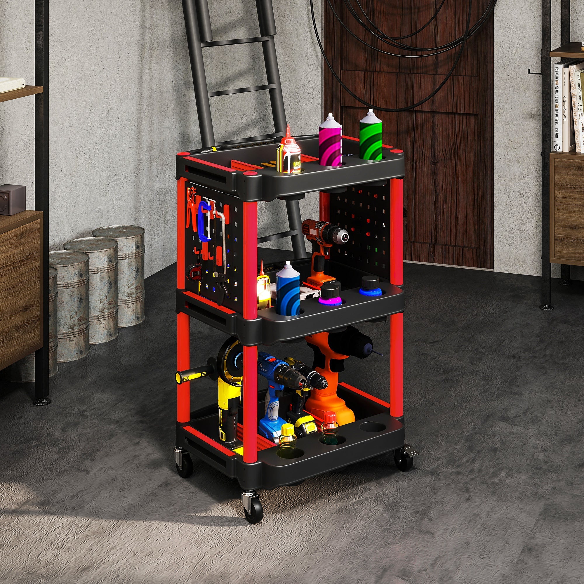 Capacity Plastic Utility Cart,3-Tier Rolling Tool Cart with Side Shelves for Garage, Workshop