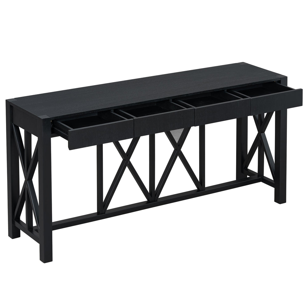 U_Style 60''Acacia Veneer Console Table with 4 Spacious Drawers, Modern Crisscross Design Entryway Table with Open Bottom Storage,Farmhouse Sofa Table for Living Room,Kitchen,Dining Room,Hallway